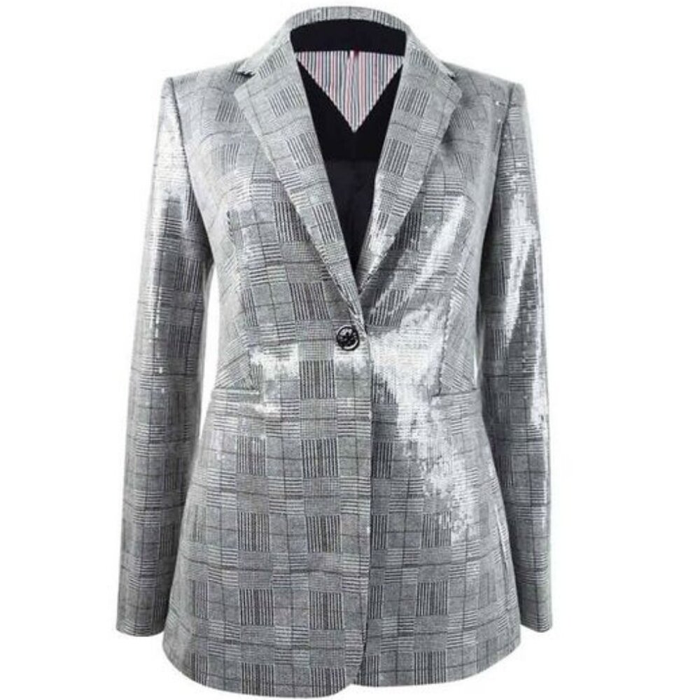 Tommy Hilfiger - Grey Plaid Single Breast Sequin Blazer - SZ 12 - NEW with Tags
